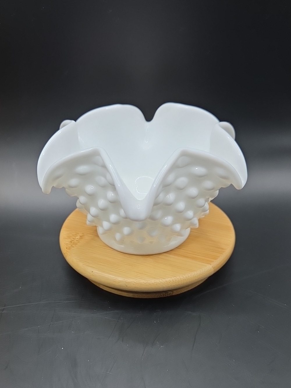 Fenton Star Shaoed White Hobnail Milk Glass Ruffled Bowl